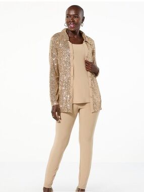 Nina Leonard Gold Sequin Shirt Jacket with Beige Knit Tank & Pants